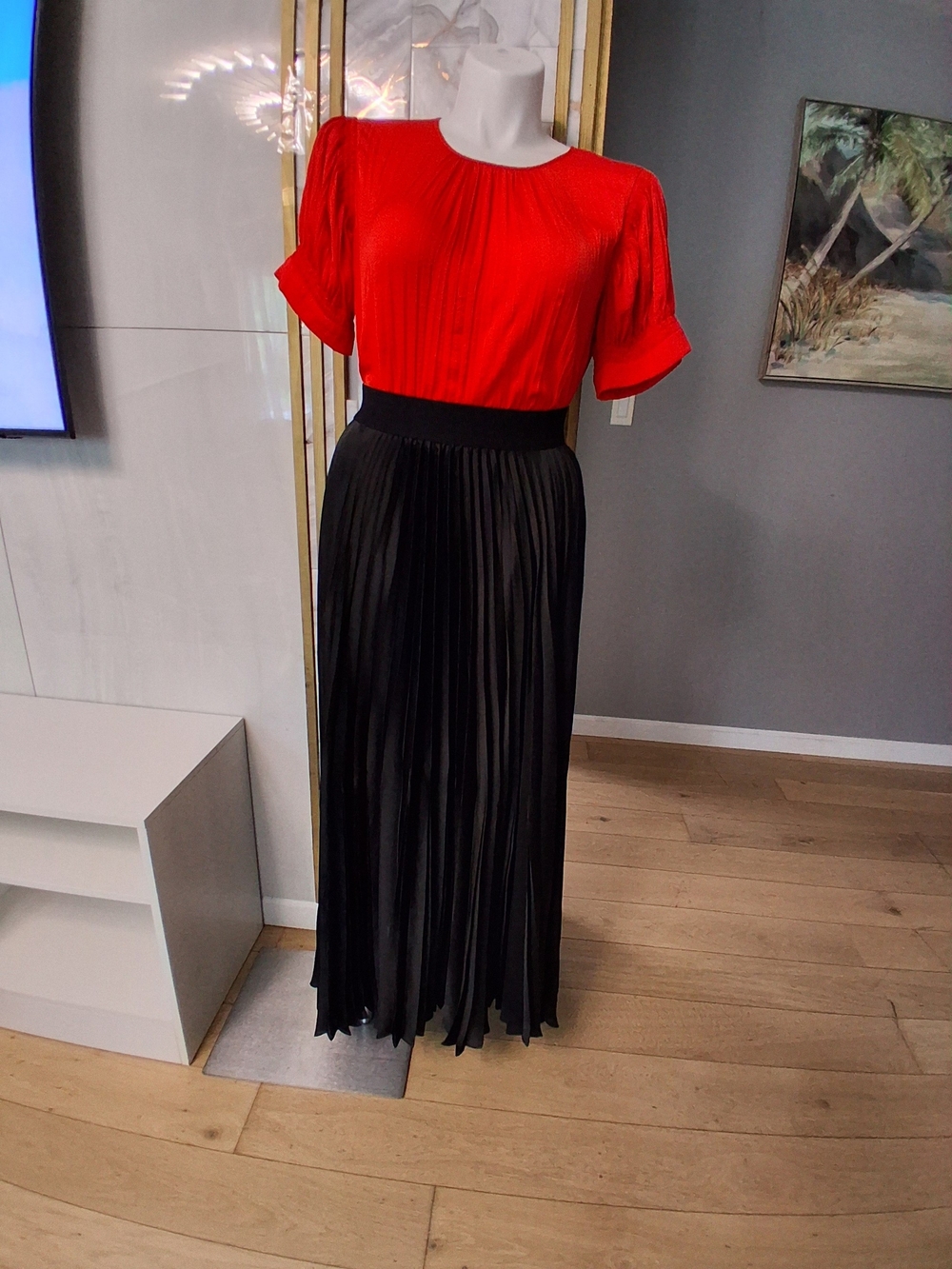 Enza Costa Red Top with Black Pleated Maxi Skirt